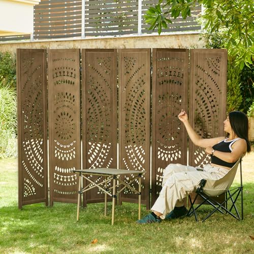 Room Divider Wood Carved Wall Divider Indoor Folding Bohemian Style Portable Partition Screen for Home Office Garden Terrace - 6 Panels (Antique, White-Washed)