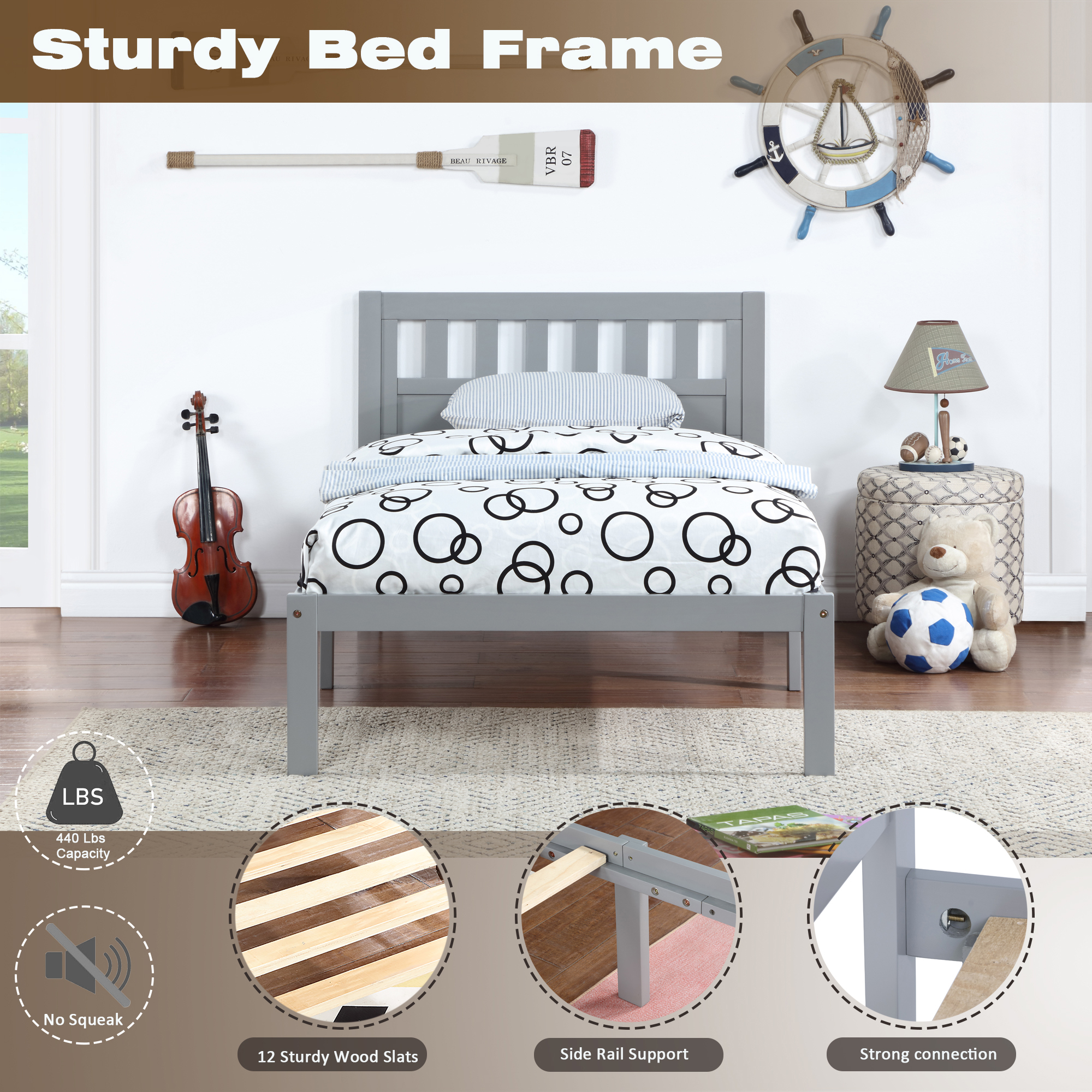 iRerts Wood Twin Bed Frame, Modern Twin Platform Bed Frame with Headboard, Wood Support Slats, Twin Size Bed Frame No Box Spring Needed, Bed Frame Twin Size for Kids Teens Adults Bedroom, Gray