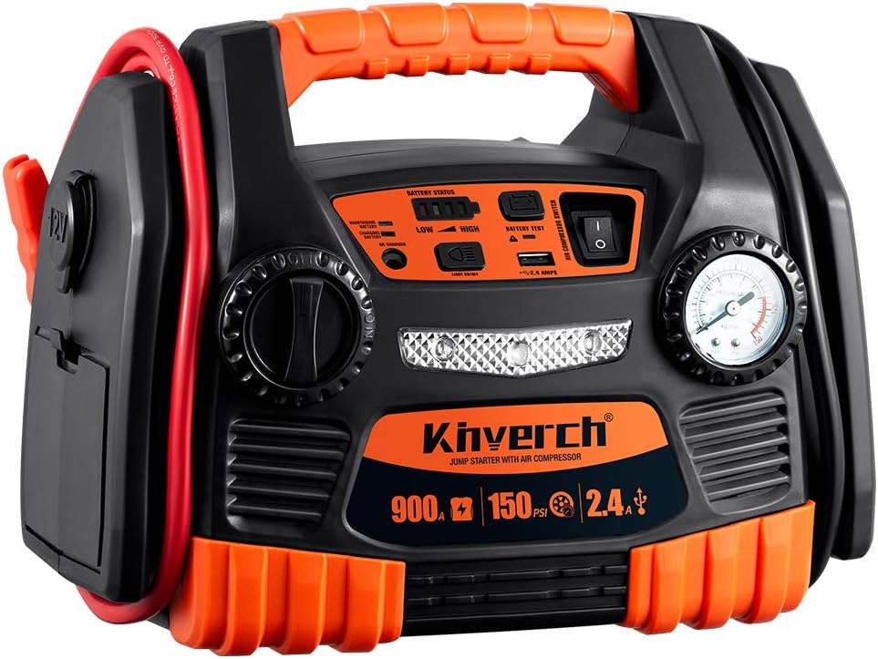 Kinverch Portable Car Jump Starter 1000 Peak Amp 12-Volt with 1-USB 1-12V Power Ports & 150 PSI Air Compressor