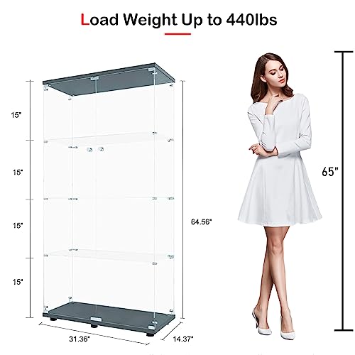 Henf Glass Display Cabinet with 4 Shelves,Modern Curio Cabinets with Glass Door & Lock,Floor Standing Storage Collection Display Case for Living Room Bedroom Office,16.7" W x 14.3" D x 64.7" H,White