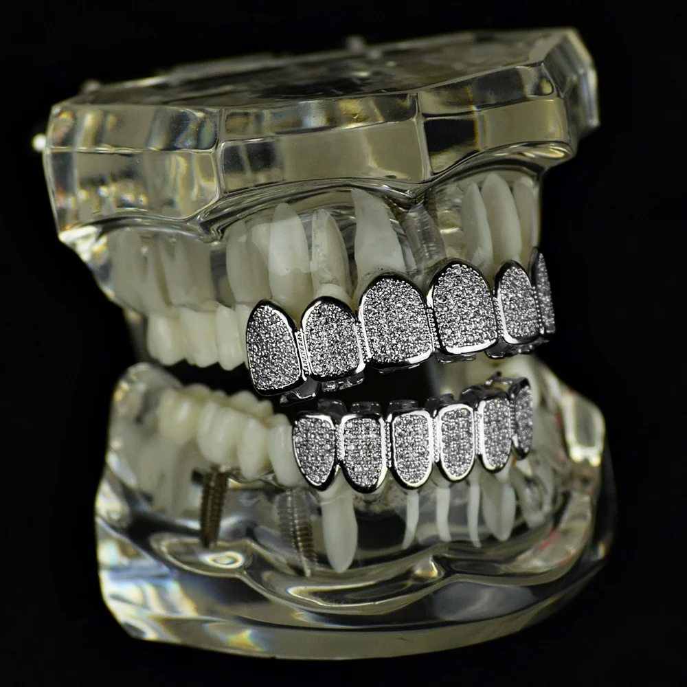 Grillz Set CZ Micro Pave Top & Bottom Silver Tone Micropave Gems Hip Hop Teeth Grills