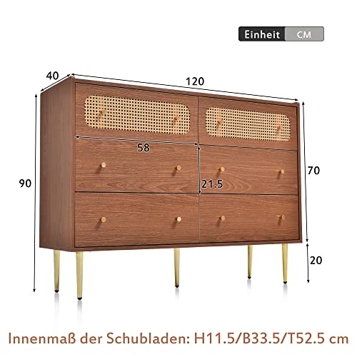 Dresser for Bedroom, Chest of Drawers, 6 Drawer Dresser, Floor Storage Drawer Cabinet for Home Office, Drawer Chest of Drawers Rattan Chest of Drawers Highboard with 6 Drawers (Natural Cherry)