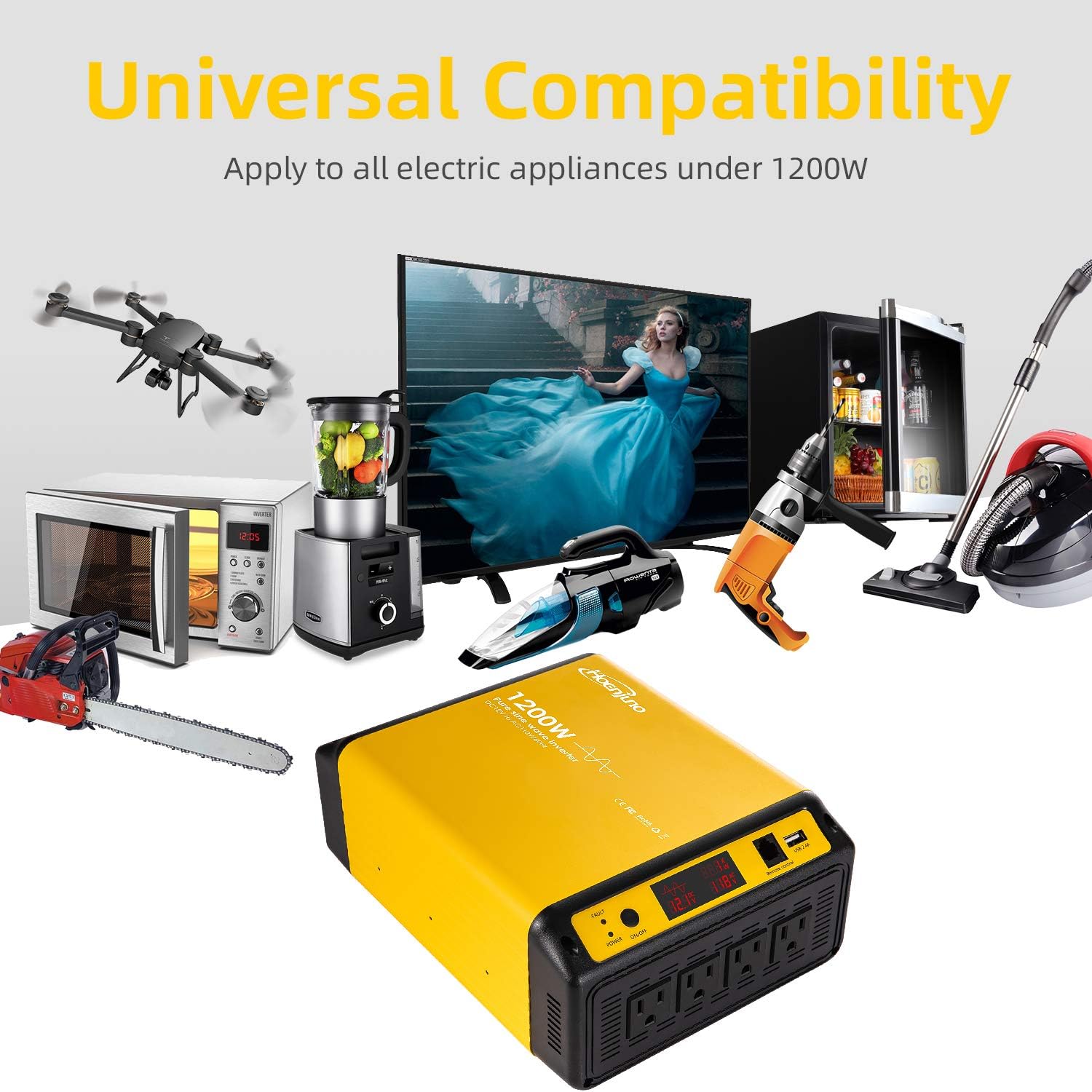 1200W Pure Sine Wave Inverter Power Converter DC 12V to AC 110-120V Power Source with 15 Feet Remote Control Cable