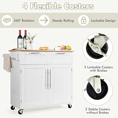 Topment Rolling Kitchen Island Cart Storage Trolley Multipurpose Serving Cart with Storage,Lockable Wheels,Towel Rack and Rubber Wood Top(White)