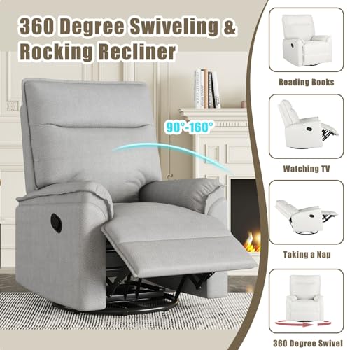 Swivel Recliner Chair, Manual 360 Degree Swivel Rocker Recliner Chair, Upholstered Nursery Glider Recliner Single Sofa Chair for Living Room, Beige