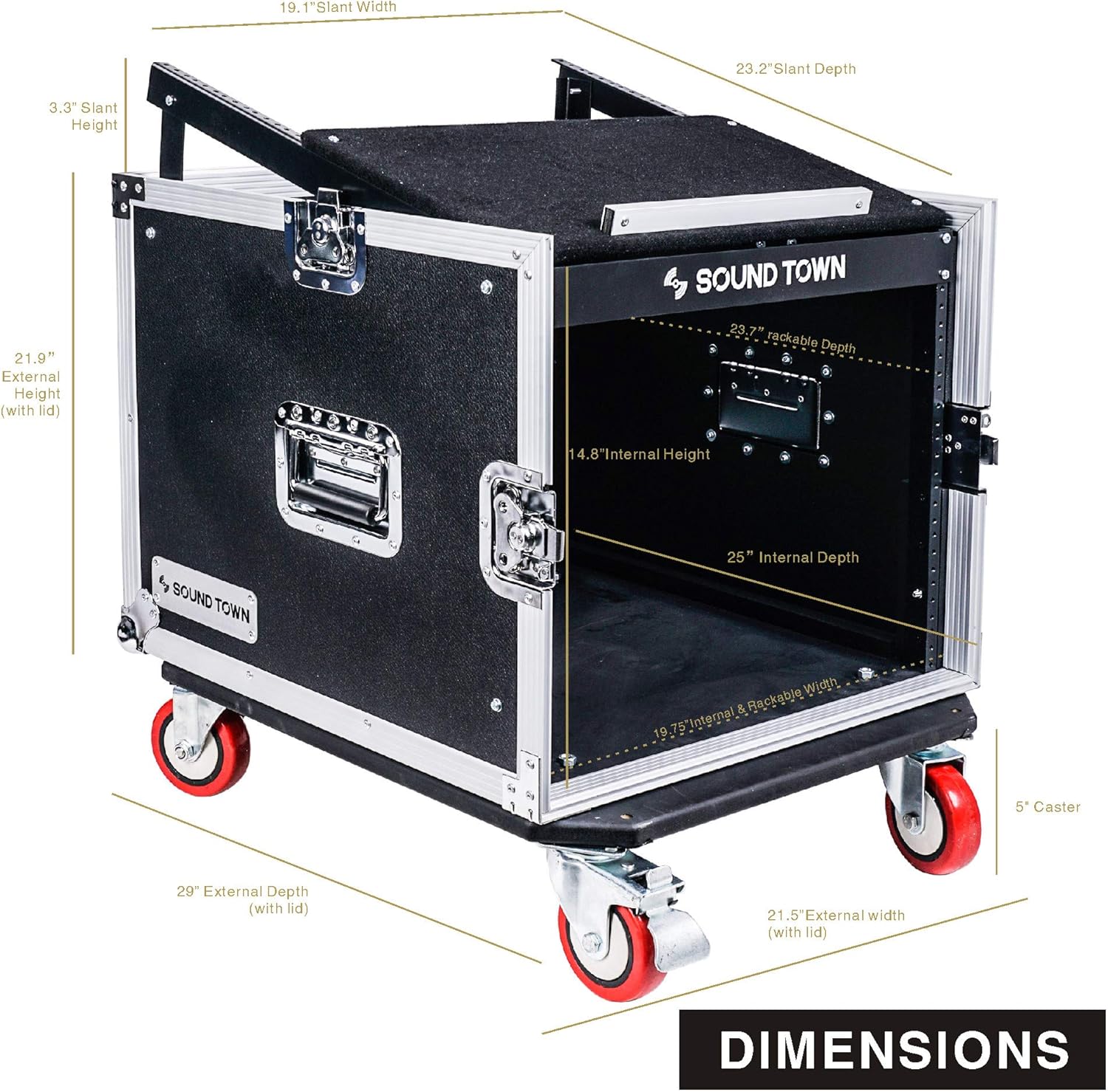 Sound Town 14U PA DJ Rack/Road ATA Case with 11U Slant Mixer Top, 20���� Rackable Depth, DJ Work Table and Casters, 14 Space Size, Pro Tour Grade (STMR-14UWT)