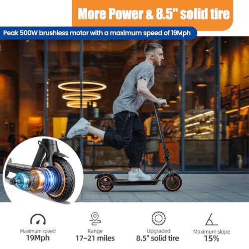 500W Electric Scooter for Adults - 17-20MPH Top Speed & 17-21-Miles Range, Foldable Commuter E-Scooter with 8.5" Solid Tires, Smart App Control, Dual Brake System, UL2272 Certified