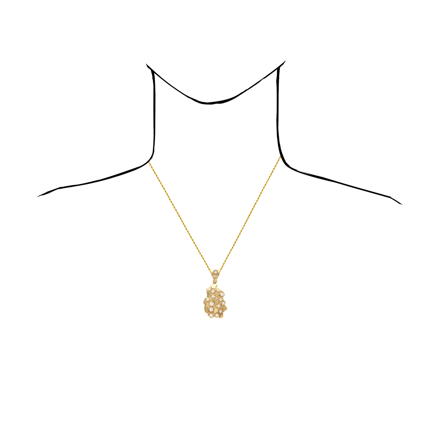 10K Yellow Gold Simulated Diamond Nugget Pendant 1.5"-2.3"