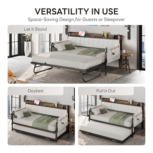 LIKIMIO Daybed with Trundle Bed, Twin Bed Frame with Storage Headboard and Charging Station, Sofa Day Bed with Strong Supports for Living Room, Bedroom, and Guest Room, Grey