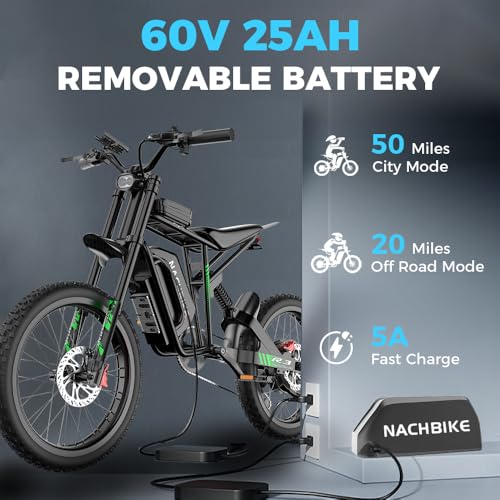50MPH 6000W / 40MPH 3000W Electric Dirt Bike for Adults, 60V 25Ah Removable Battery Electric Motorcycle Up to 50miles, 24.5" MTB Tires (Rim 19'') E Moto, All Terrain E Bike Full Suspension