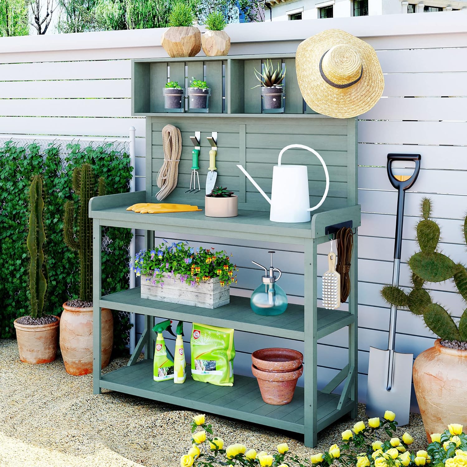 65" H Garden Wooden Potting Bench Table with 4 Storage Shelves and 3 Side Hook, Large Farmhouse Rustic Outdoor Patio Workstation w/Splash Plate & Anti-Falling Device, for Backyard Balcony, Green