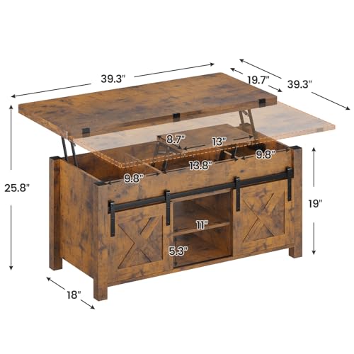 SEDETA Lift Top Coffee Table, 4 in 1 Multi-Function Convertible Coffee Tables with Storage and Hidden Compartment, Farmhouse Coffee Table Converts to Dining Table for Living Room, Grey