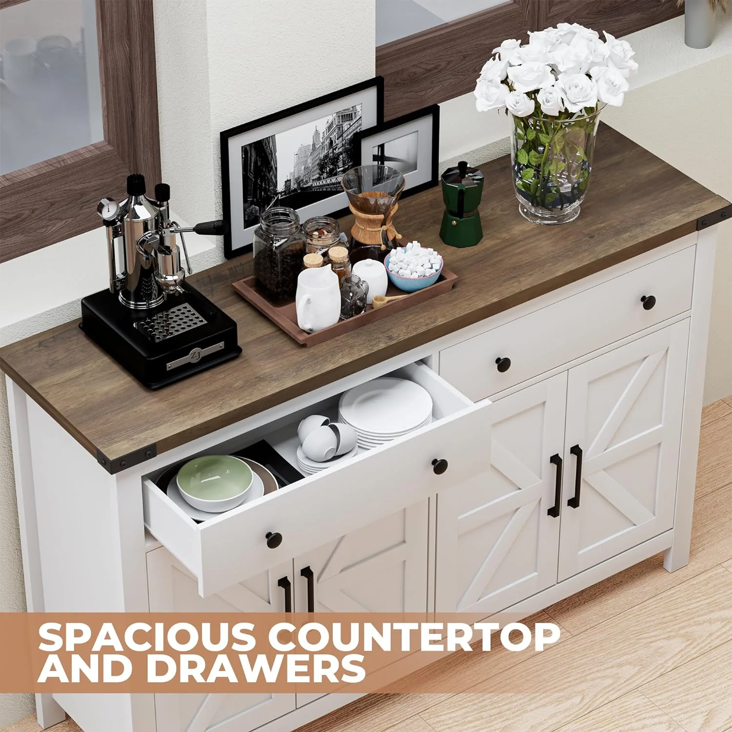 NLIBOOMLife 55" Sideboard Buffet Cabinet with   Coffee  Cabinet with 2 Drawers and 4 Barn Doors  Long  Cabinet Modern Farmhouse  White Wood  for Kitchen  Dining Room  Living Room