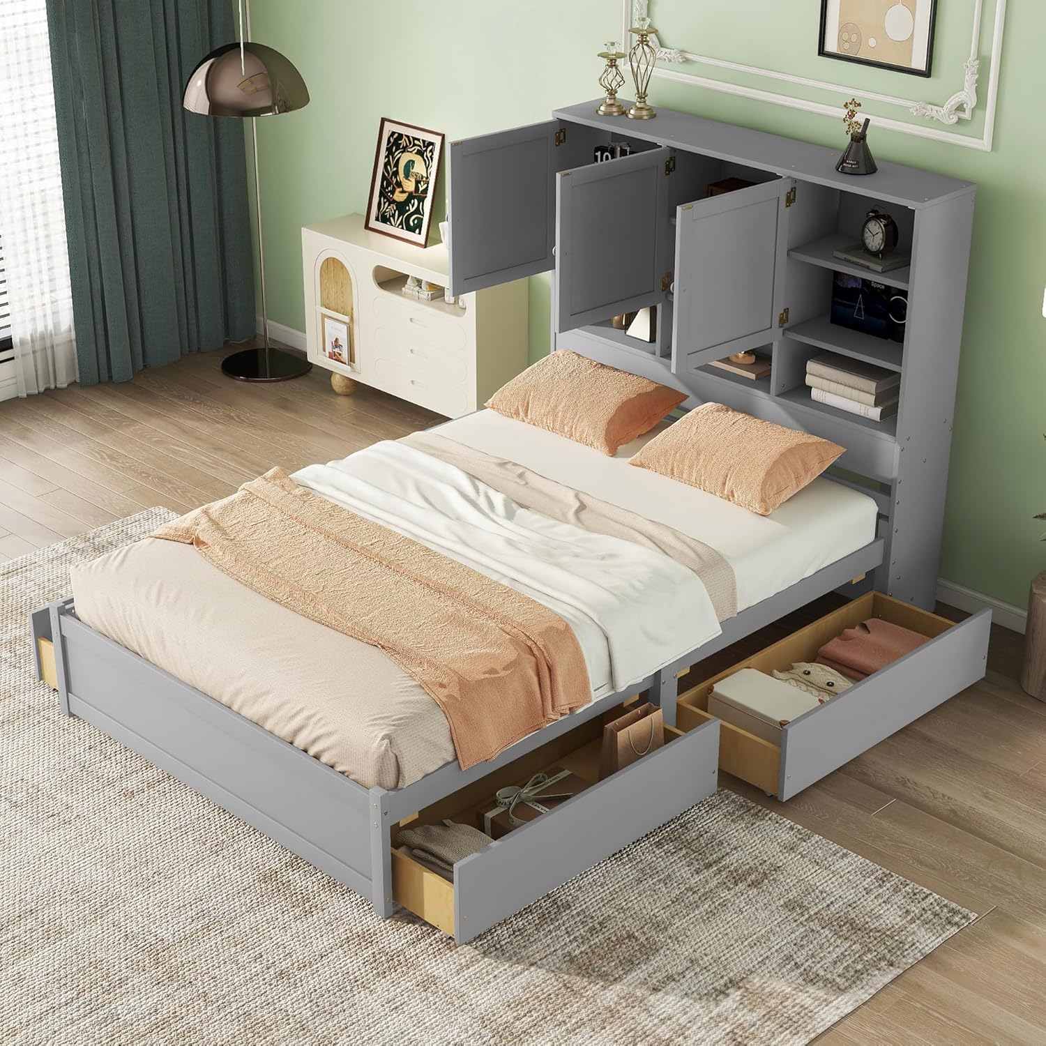 Queen Size Bed Frame, Wooden Platform Bedframe with Storage Headboard, 4 Drawers and Cabinets, No Box Spring Needed, Gray