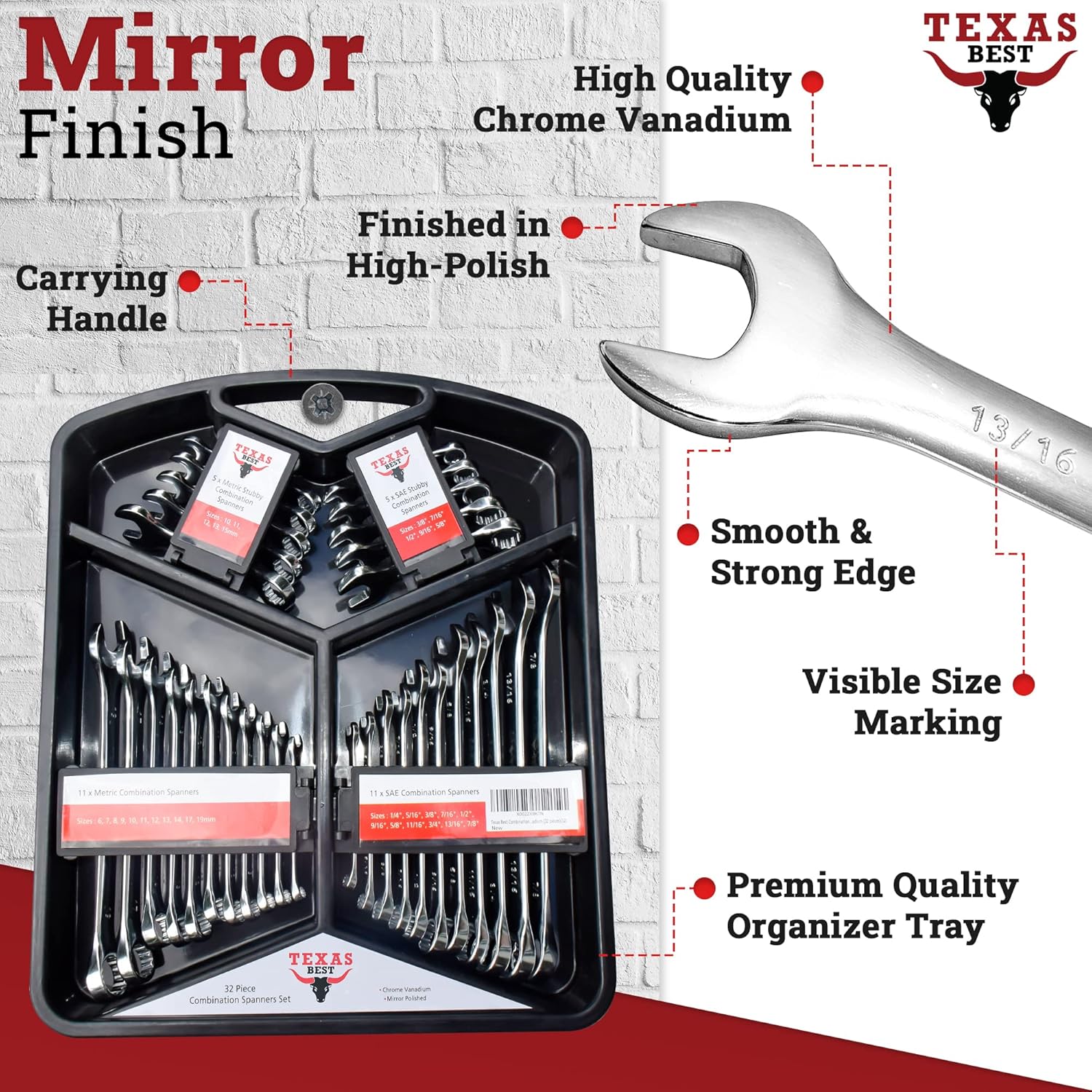 Texas Best Chrome Vanadium Steel Combination Wrench Set | SAE (Inch) & Metric Sizes | Quick Access Hanging Tray | Carry Case Master Organizer Included (32 Pc) Pack of 2