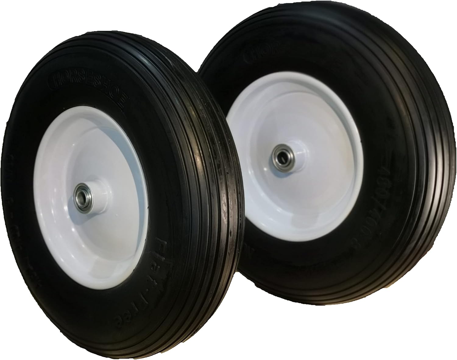 HORSESHOE 2 Pcs New Ribbed 4.80/4.00-8" Flat Free Tire for Wheelbarrow/Cart Universal 16" w/Steel Rim with 5/8" & 3/4" bearing, Hub 3-6 Adjustable