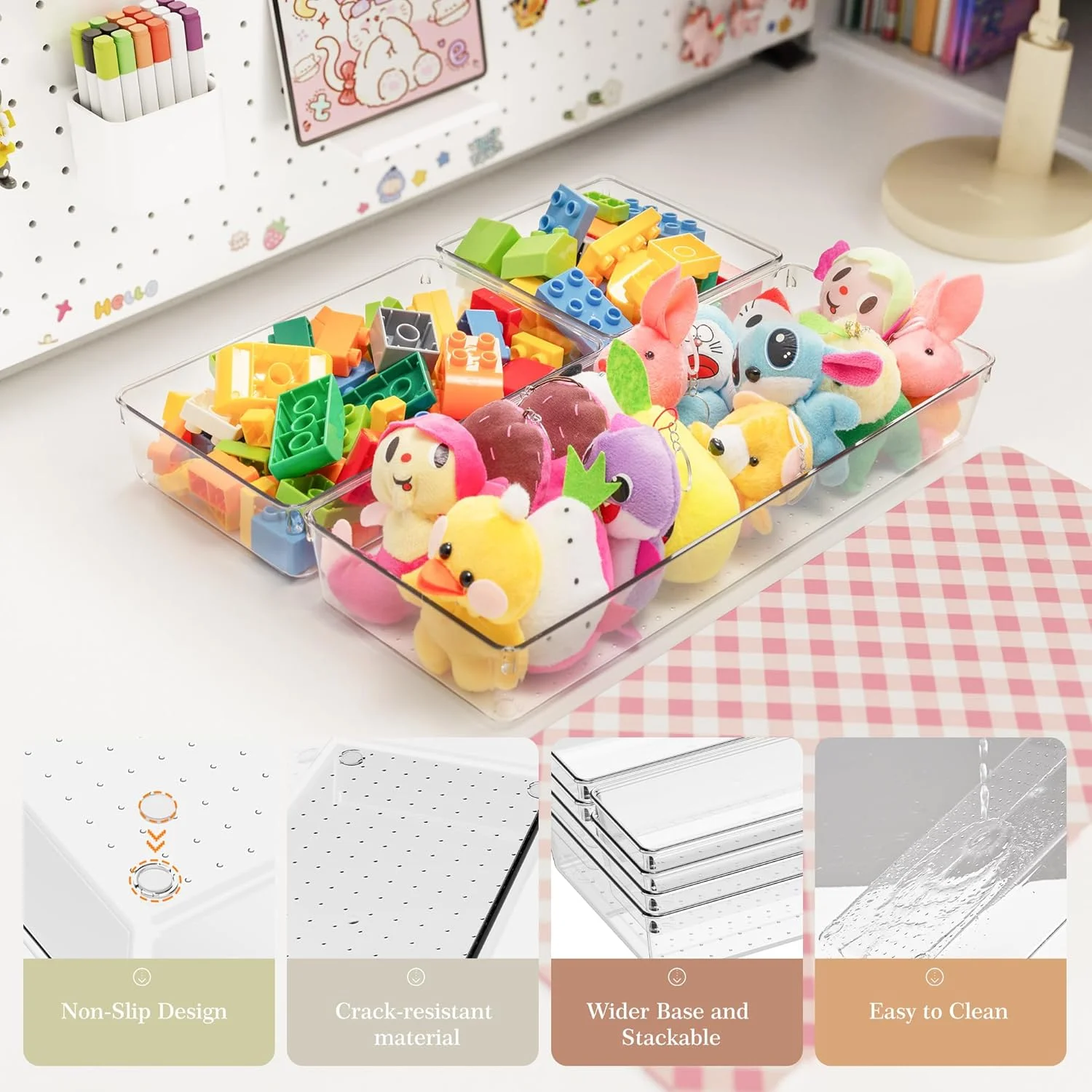 Drawer Organizer, 12 Pack Clear Plastic Kitchen Drawer Organizers Set, 4-Size Versatile Bathroom and Vanity Organizer Trays, Storage Bins for Makeup, Bathroom, Jewelries and Office