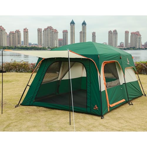 KTT Extra Large Tent 10-12-14 Person(Style-B),Family Cabin Tents,2 Rooms,3 Doors and 3 Windows with Mesh,Straight Wall,Waterproof,Double Layer,Big Tent for Outdoor,Picnic,Camping,Family Gathering