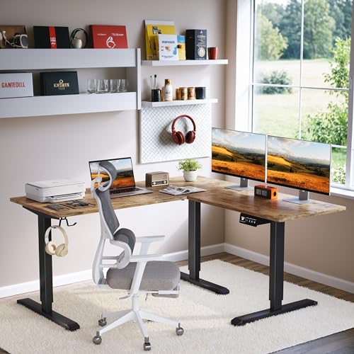 L-Shaped Electric Standing Desk, 63 x 48 Inches Height Adjustable Coner Table, Home Office Computer Workstation, Rustic Brown, 63 x 48 Inch