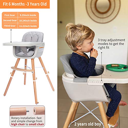 3-in-1 Convertible Wooden High Chair,Baby High Chair with Adjustable Legs & Dishwasher Safe Tray, Made of Sleek Hardwood & Premium Leatherette, Gray Color