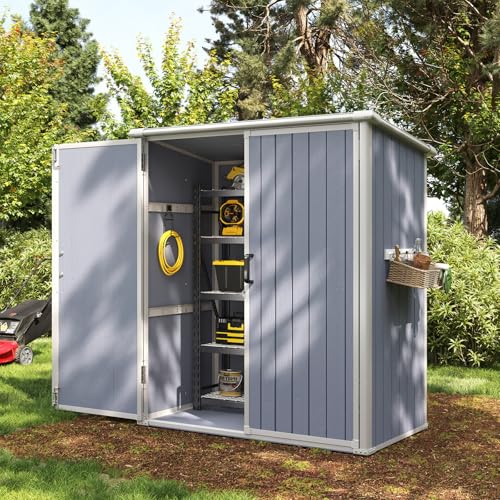 Aoxun 6 x 8 FT Outdoor Storage Shed with Window, Resin Shed with Floor & Lockable Doors, Garden Shed Waterproof Plastic Tool Shed with Sloped Roof for Backyard, Garden, Patio, Lawn, Grey
