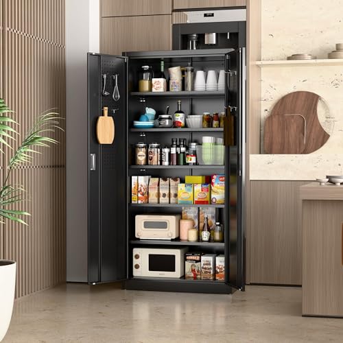 Aobabo Garage Storage Cabinet with Wheels,72" H Metal Storage Cabinet with 2 Doors and 4 Adjustable Shelves for Garage Home, Black,Required-Assembly