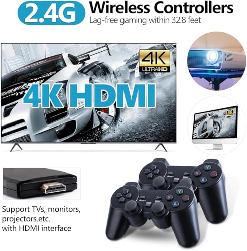 Retro Game Console, Wireless Retro Game Console, Plug & Play Video TV Game, Built-in 24,900+Games, 4K HDMI Output, and 2.4GHz Wireless Controller, 9 Classic Emulators (64G)