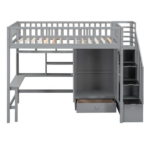 Full Size Loft Bed with Wardrobe Desk Storage Stairs, Wood Loft Bed Frame with Bookcase and Drawers, High Loft Bedframe for Kids Teens Adults, No Box Spring Needed, Espresso