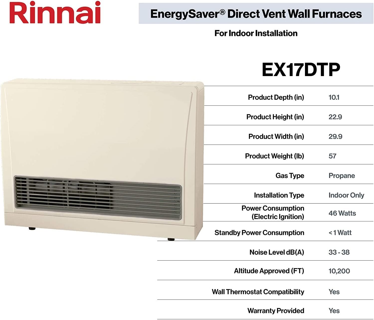 Rinnai EX17DTP Direct Vent Wall Furnace, Indoor Propane Heater, Energy Efficient Space Heater, 17,000 BTU, Beige