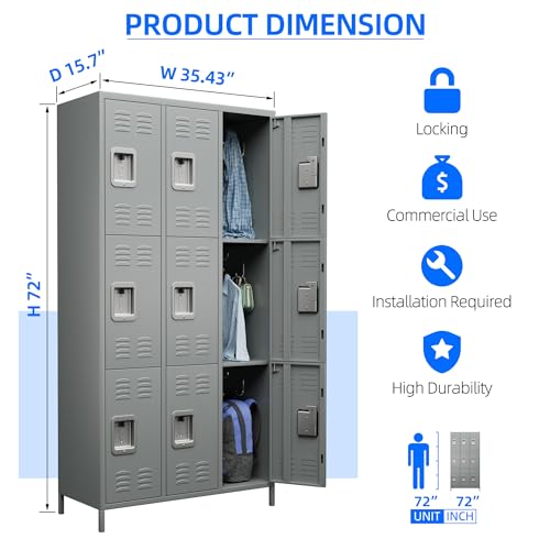METAN Metal Storage Locker for School Office Gym Bedroom, 12 Doors Locker Cabinet for Employees, Industrial Steel Storage Locker with 12 Hooks, Assembly Required (12 Door-Light Gray)