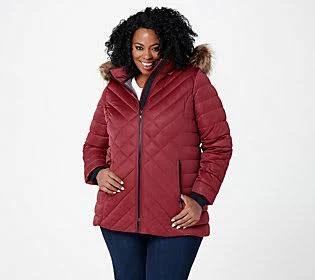 Nuage Stretch Mixed Quilted Puffer Coat with Faux Fur u0026 Hood, Size XX-Small, Biking Red