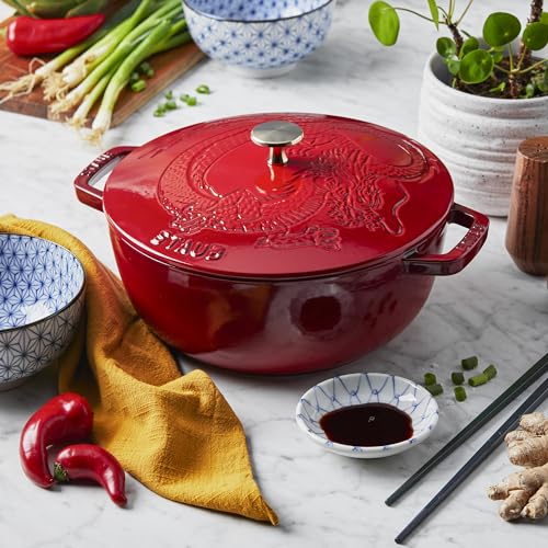 STAUB Specialty Shaped Dutch Cast Iron 3.75-qt Essential French Oven Dragon Lid-Cherry