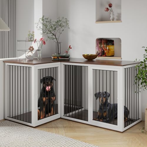 Dog Crate Furniture for 2 Dogs, 79.1" Large Dog Kennel Furniture with Dividers and Double Doors, All Steel Frame Double Dog Crate, 41.7" L X 22" W X 30.3" H, 37.4" L X 22" W X 30.3" H (Black Gray)