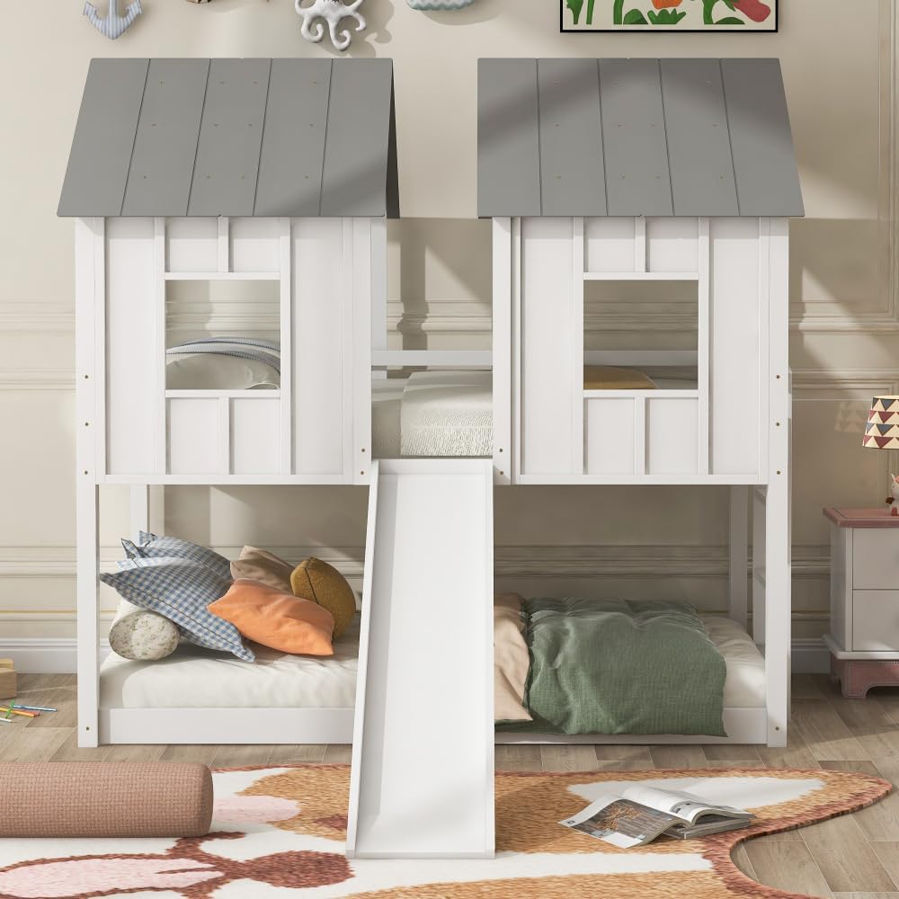 Twin Over Twin House Bunk Bed with Slide and Windows,White 2-Numbers of Package Pine Wood+MDF 14/7pcs 77.4" L*41.9" W*80" H 155Lb GX000920AAK-1