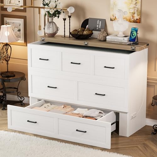 Bellemave Queen Murphy Bed, Cabinet Bed with Charging Station and Storage, Farmhouse Murphy Cabinet with Foldable Panel, Noisy Free, for Guest Bedroom, Living Room, Office, Rustic Gray