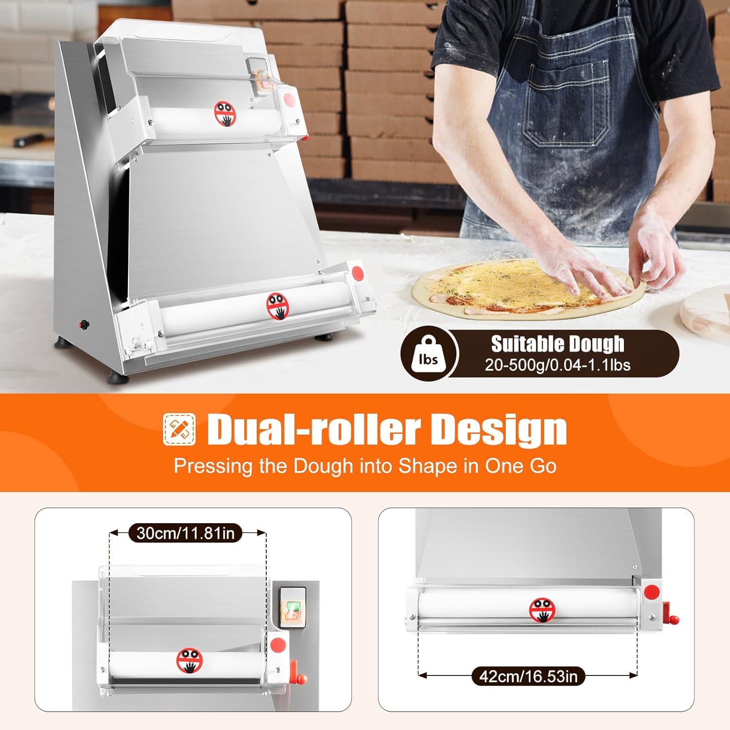 15 Inch Pizza Press Machine Commercial Dough Roller Sheeter Automatic Large Pasta Maker Machine 370W Electric Pizza Dough Sheeter for Noodle Pizza Bread and Pasta Maker Equipment Thickness 0.7-5.4mm