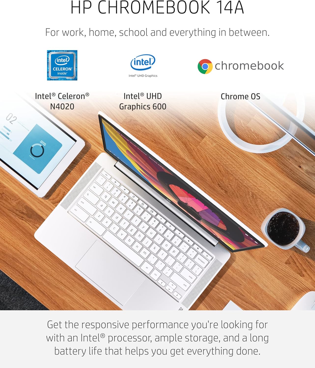HP Chromebook 14 Laptop, Intel Celeron N4020, 4 GB RAM, 32 GB eMMC, 14” HD Micro-Edge Display, Chrome OS, Thin & Portable, 4K Graphics, Snow White Keyboard (14a-na0023nr, 2021, Ceramic White)