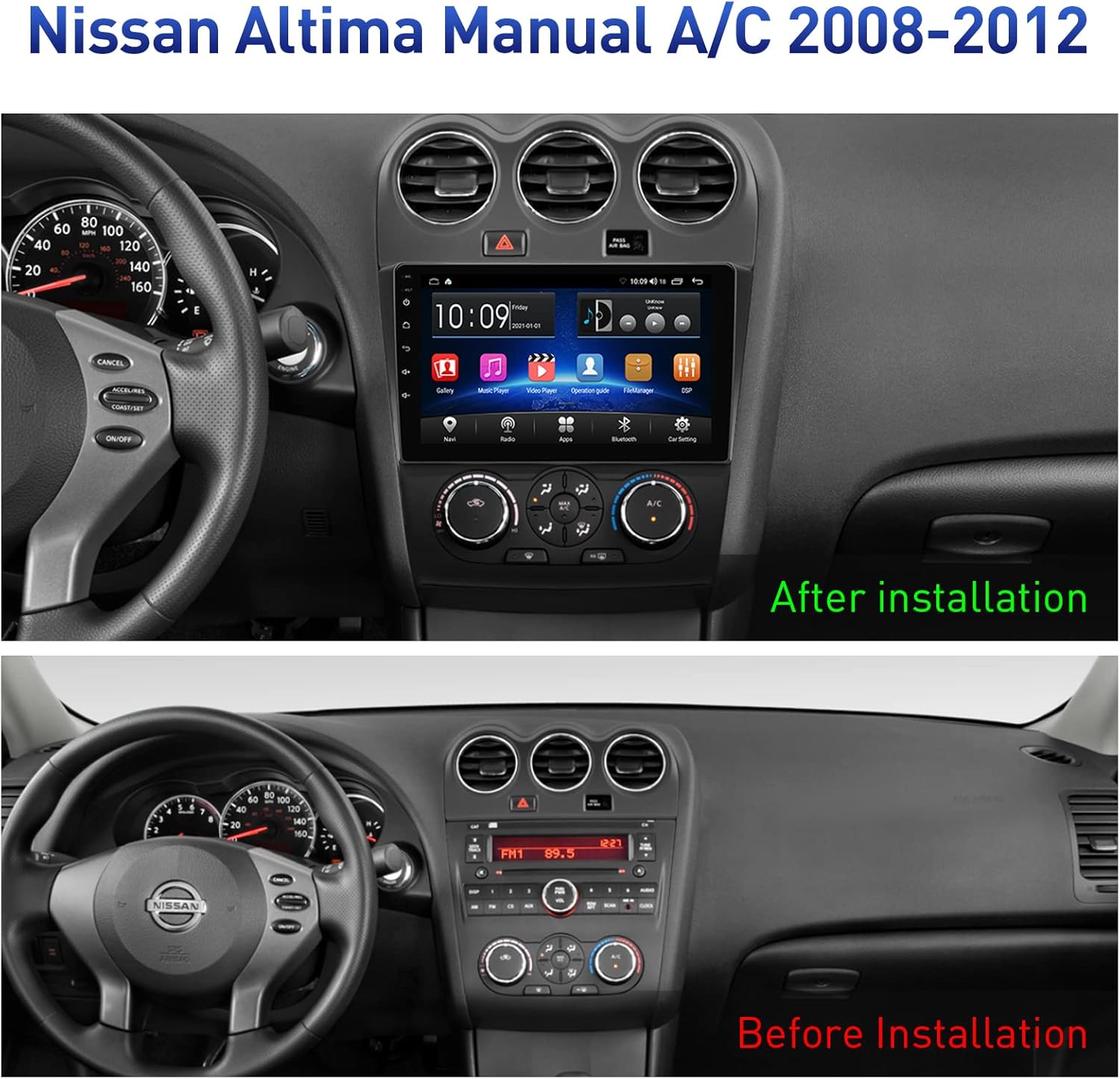 Car Radio in Dash Navigation for Nissan Altima Manual A/C 2008-2012, Android 10.0 Stereo Build in Carplay/Android Auto/DSP Support Bluetooth/FM/AM/RDS with AHD Rear View Camera