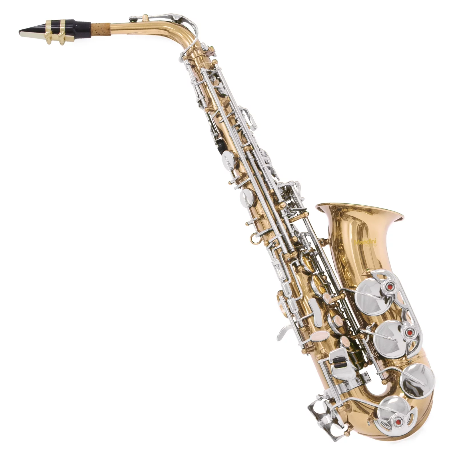 Mendini by Cecilio Eb Alto Sax With Tuner, Case, Mouthpiece, 10 Reeds, Pocketbook, MAS-LN Gold Lacquer Body with Nickel Plated Key E Flat Saxophone