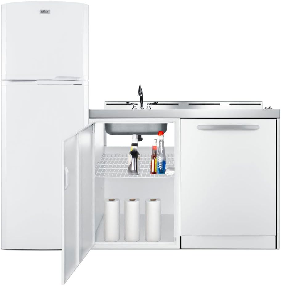 Summit Appliance ACKDW72 72" Wide All-in-one Kitchenette with Full-sized Frost-free Refrigerator-Freezer, 24" Dishwasher, Two Coil 115V Burners, Sink, and Storage Cabinet