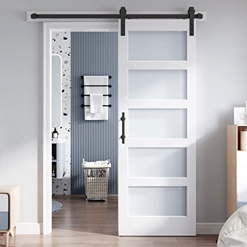 36x84 Inch Glass Sliding Barn Door Slab and 6.6ft Hardware Kit Included, 5 Frosted Glass, LVL Wood Panel Covered with White Water-Proof Scratch-Proof PVC Surface, Simple DIY Assembly