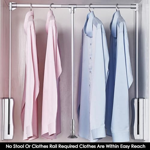 Pull Down Closet Rod,Organizer Storage Rack Lift Buffer,Extendable Adjustable Width Space Saving Wardrobe Hanger,for Wardrobe Closet Cloakroom Cupboard(Silver)