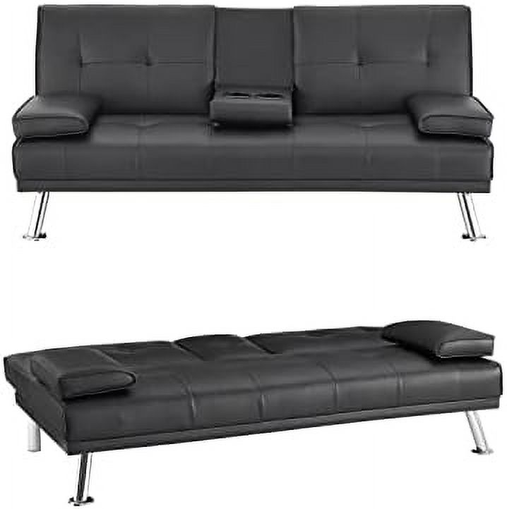 TJUNBOLIFE Black Futon Sofa Bed  Faux Leather Futon Couch  Black Sofa Bed Couch Convertible with Wooden Legs  Pull Out Sofa Bed  Reclining Small Couch Bed  Folding Futon Bed for Living Ro