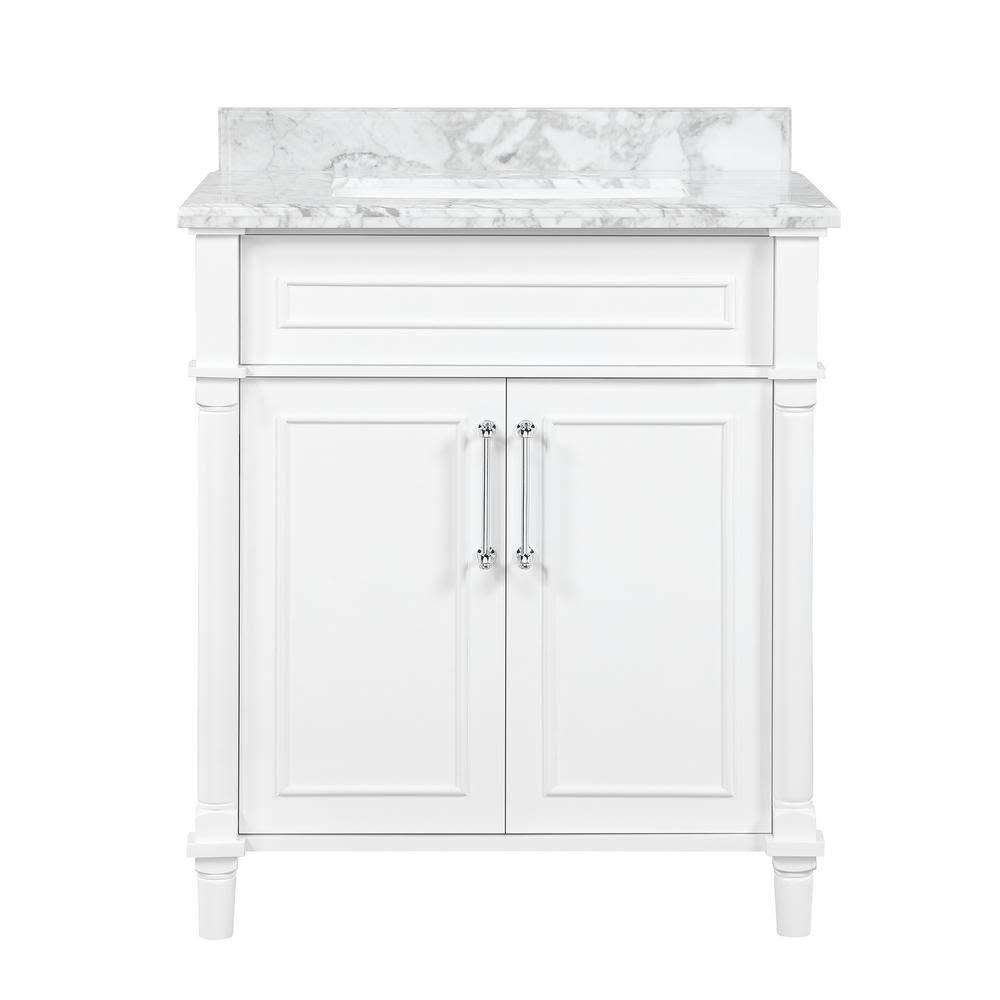 Home Decorators Collection Aberdeen 30 in. x 22 in. D Bath Vanity in White with Carrara Marble Vanity Top in White with White Ba