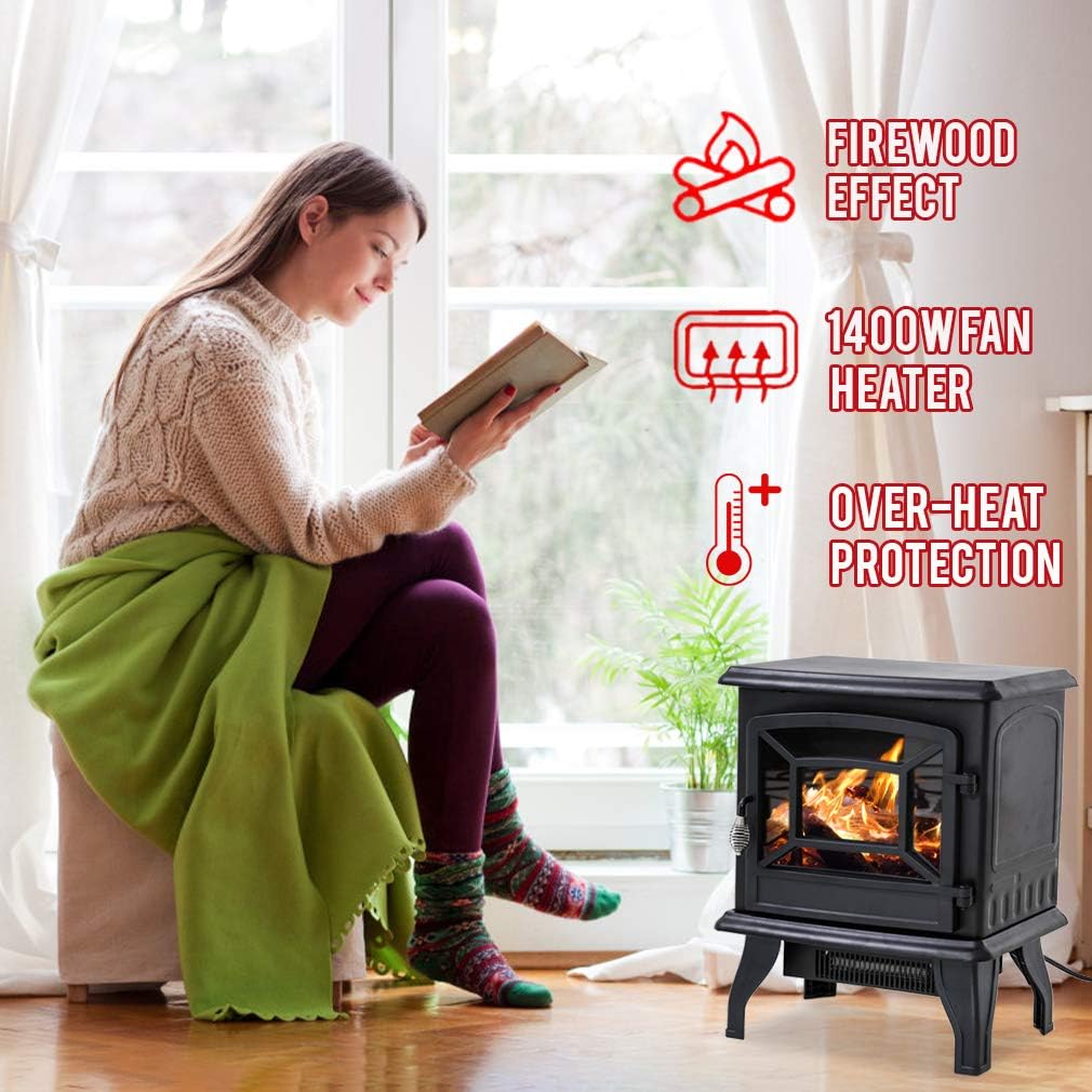 Electric Fireplace Heater 20" Freestanding Fireplace Stove Portable Space Heater with Thermostat for Home Office Realistic Log Flame Effect 1500W CSA Approved Safety 20" Wx17 Hx10 D,Black Pack of 2