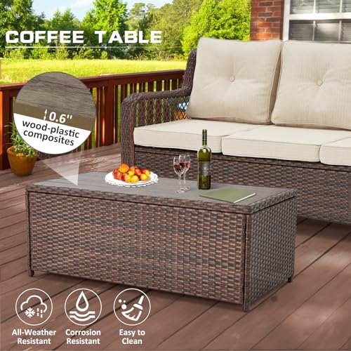 6 Pieces 360° Swivel Rocking Chairs Patio Furniture Set Wicker Outdoor Conversations Sets with Table and Ottomans for Beckyard Garden (Beige)