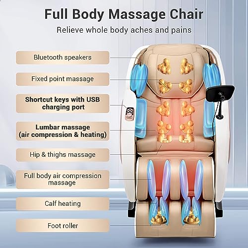 Massage Chair Full Body with Heat, Full Body Zero Gravity Shiatsu Massage Chair, Kneading Recliner w/ 20 Auto Modes, Foot Massage, Bluetooth, USB Charging Port, Touch Screen Controller