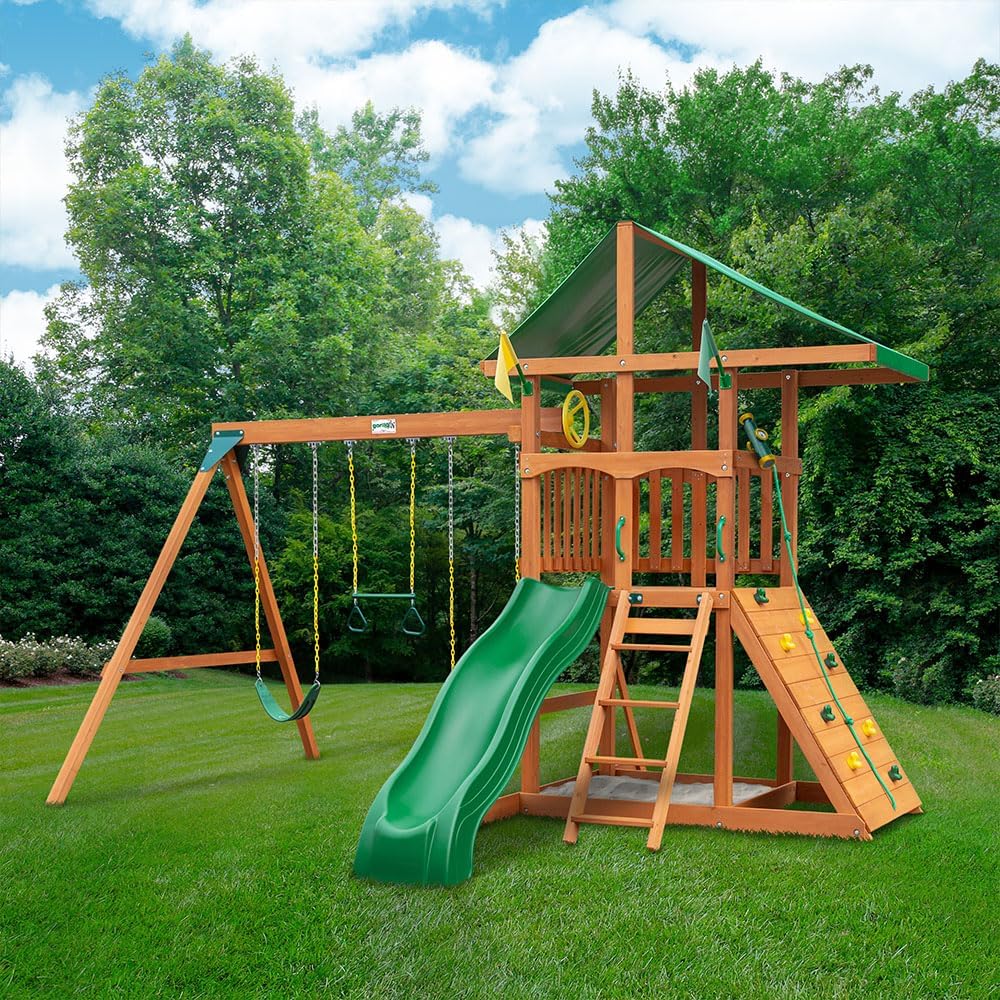 Gorilla Playsets 01-1076 Avalon Wooden Swing Set with Oversized Green Vinyl Canopy Roof, Climbing Wall, Ladder, Swings and Slide