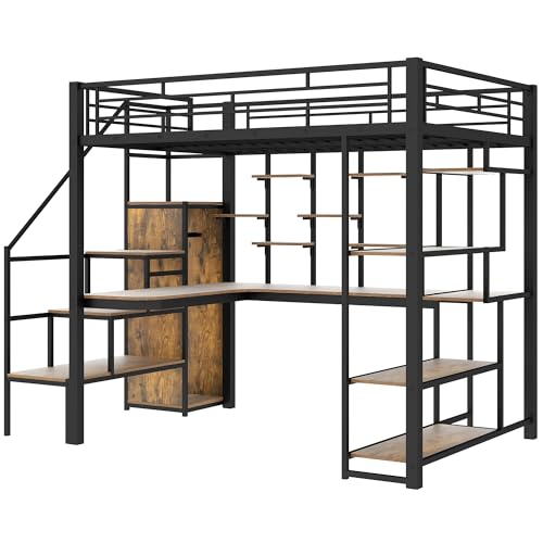Modern Full Size Metal Loft Bed with Storage Staircase and Small Wardrobe, Multi-functional Metal Loft Bed Frame with Built-in Desk and Storage Shelves (White/L7)