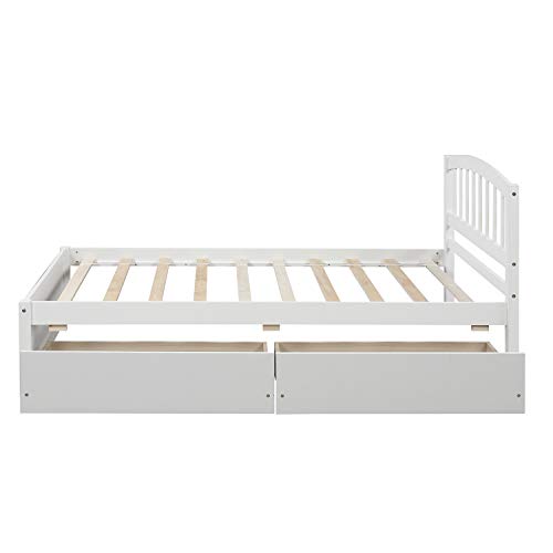 Twin Size Platform Bed with 2 Storage Drawers, Solid Wood Twin Bed Frame with Slat support and Headboard for Kids, Teen, Adults, No Box Spring Needed(Twin, White)